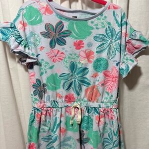 Tea Girls' Floral Drawstring Dress - Mint & Coral